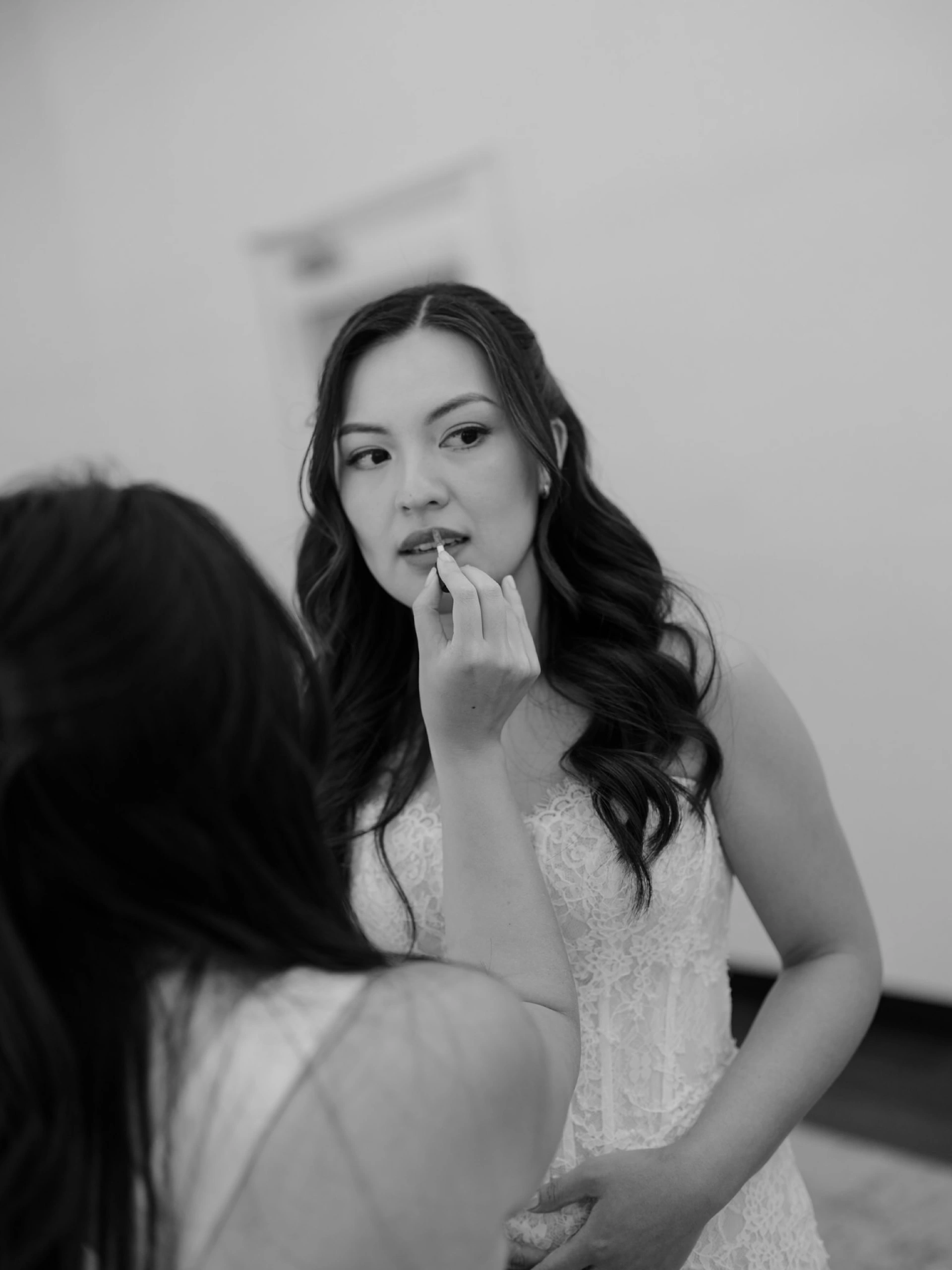 Wedding morning lip makeup application with romantic bridal waves